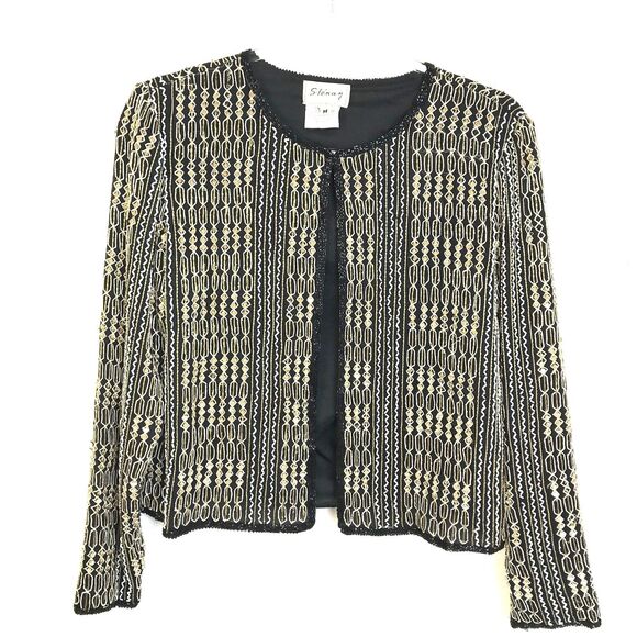 Stenay Evening Wear Jacket Women's Medium Black Silver Embellished Party Silk - Picture 1 of 8
